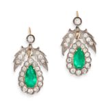 NO RESERVE - A PAIR OF ANTIQUE COLOMBIAN EMERALD AND DIAMOND DROP EARRINGS in yellow gold and