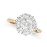 A VINTAGE DIAMOND CLUSTER RING in 18ct yellow gold, set with a central old cut diamond of 0.90