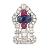 AN ART DECO SAPPHIRE, RUBY AND DIAMOND CLIP BROOCH of shield shaped design, set with four central