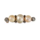 AN ANTIQUE PEARL AND DIAMOND BAR BROOCH in yellow gold and silver, set with three pearls, accented