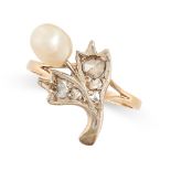 NO RESERVE - A VINTAGE PEARL AND DIAMOND RING in 9ct yellow gold, comprising a foliate motif set