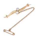 NO RESERVE - AN ANTIQUE ART NOUVEAU DIAMOND AND OPAL BAR BROOCH in 15ct yellow gold, set with an old
