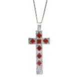 NO RESERVE - A CARNELIAN CROSS PENDANT AND CHAIN the cross pendant set with jewelled with polished