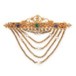 NO RESERVE - AN ANTIQUE SAPPHIRE, EMERALD AND PEARL BROOCH in high carat yellow gold, set with