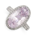 NO RESERVE - A KUNZITE AND DIAMOND RING in 18ct white gold, set with an oval cut kunzite of 9.38