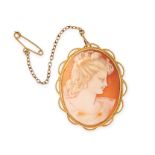 NO RESERVE - TWO VINTAGE SHELL CAMEO BROOCHES in 9ct and 18ct yellow gold, one depicting the bust of