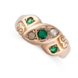 NO RESERVE - AN ANTIQUE EDWARDIAN GREEN PASTE AND PEARL DRESS RING, 1905 in 9ct yellow gold, set