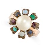 NO RESERVE - A VINTAGE PEARL, OPAL, TURQUOISE, SAPPHIRE AND GARNET RING in 14ct yellow gold, set