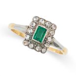 A VINTAGE EMERALD AND DIAMOND RING set with a rectangular step cut emerald in a border of single cut