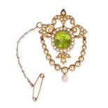 NO RESERVE - AN ANTIQUE EDWARDIAN PERIDOT AND PEARL BROOCH, EARLY 20TH CENTURY in yellow gold,