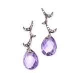 NO RESERVE - A PAIR OF AMETHYST AND DIAMOND DROP EARRINGS in 18ct blackened gold, each set with a