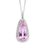 NO RESERVE - A KUNZITE AND DIAMOND PENDANT NECKLACE in 18ct white gold, set with a pear cut