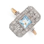 NO RESERVE - A BLUE TOPAZ AND DIAMOND RING in 9ct yellow gold, the rectangular face set with a