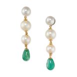 A PAIR OF PEARL AND EMERALD EARRINGS each set with three pearls above a polished emerald drop,