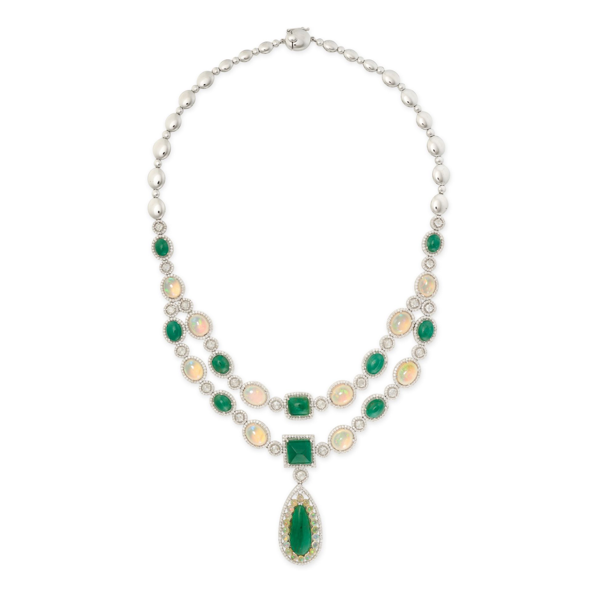 AN EMERALD, OPAL AND DIAMOND NECKLACE AND EARRINGS SUITE the necklace comprising two strands of