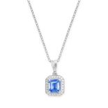 A TANZANITE AND DIAMOND PENDANT NECKLACE the pendant set with a central emerald cut tanzanite of 1.