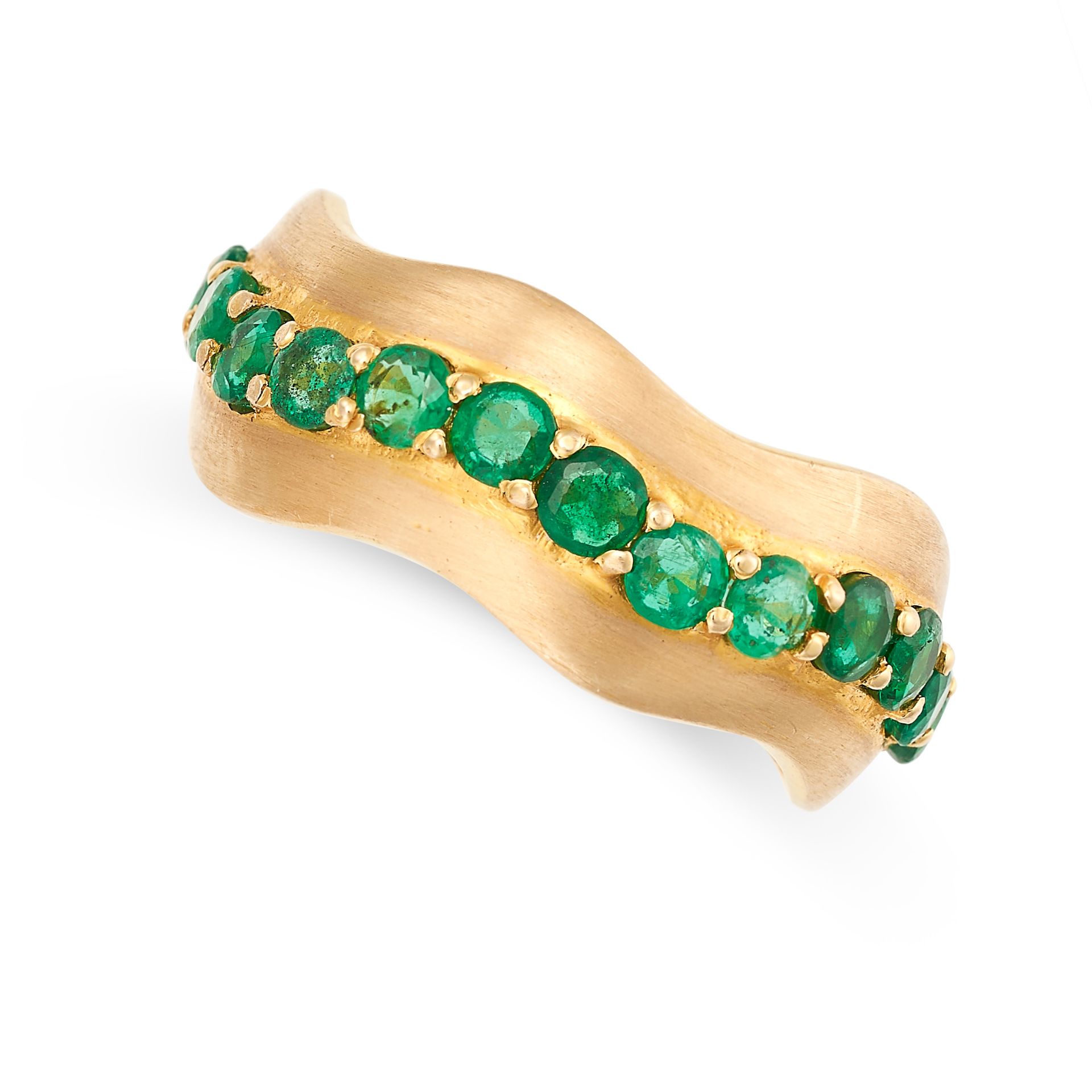 AN EMERALD BAND RING the undulating band set with a row of round cut emeralds totalling 2.8-3.0