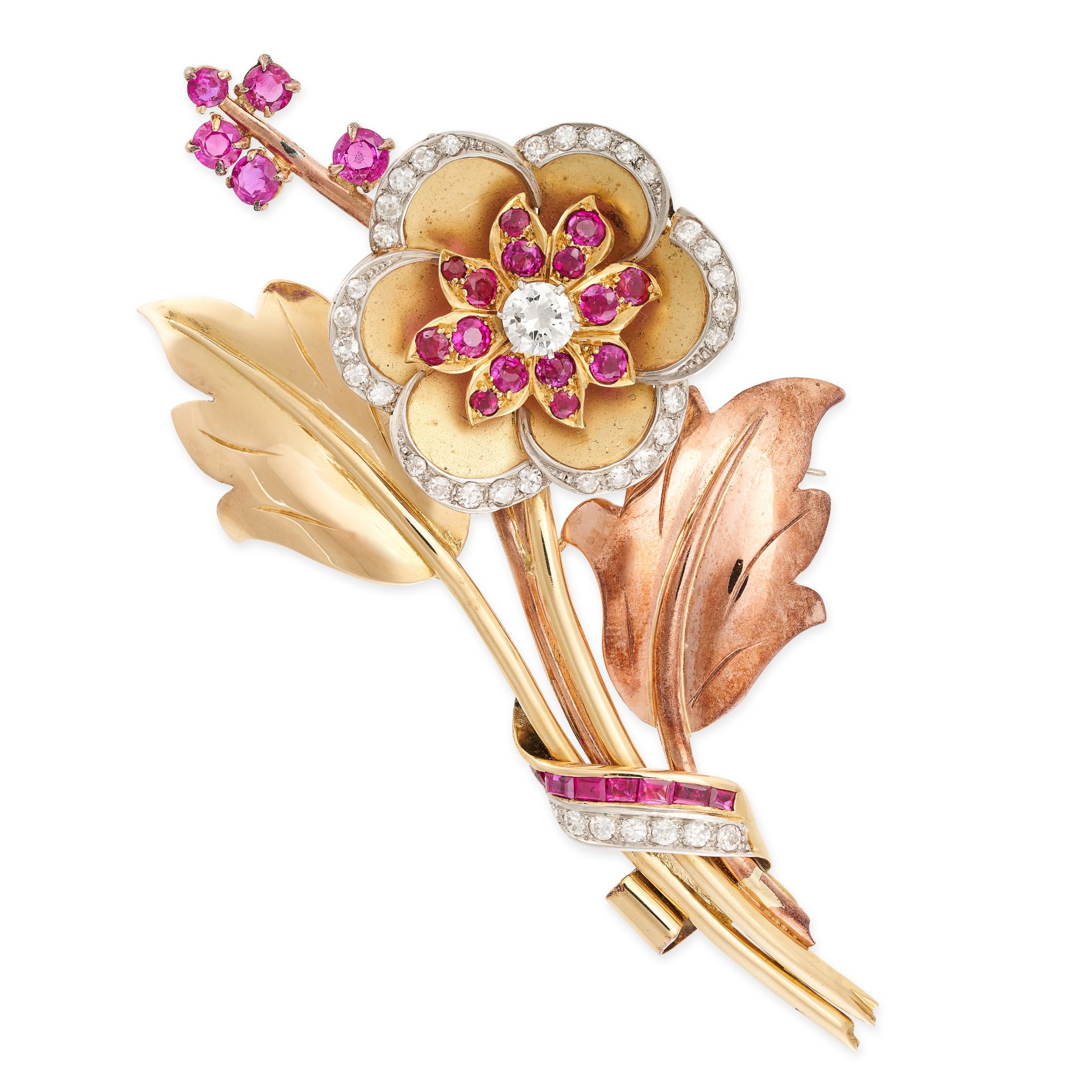 A VINTAGE RUBY AND DIAMOND FLOWER BROOCH in yellow gold, designed as a floral spray, set with old