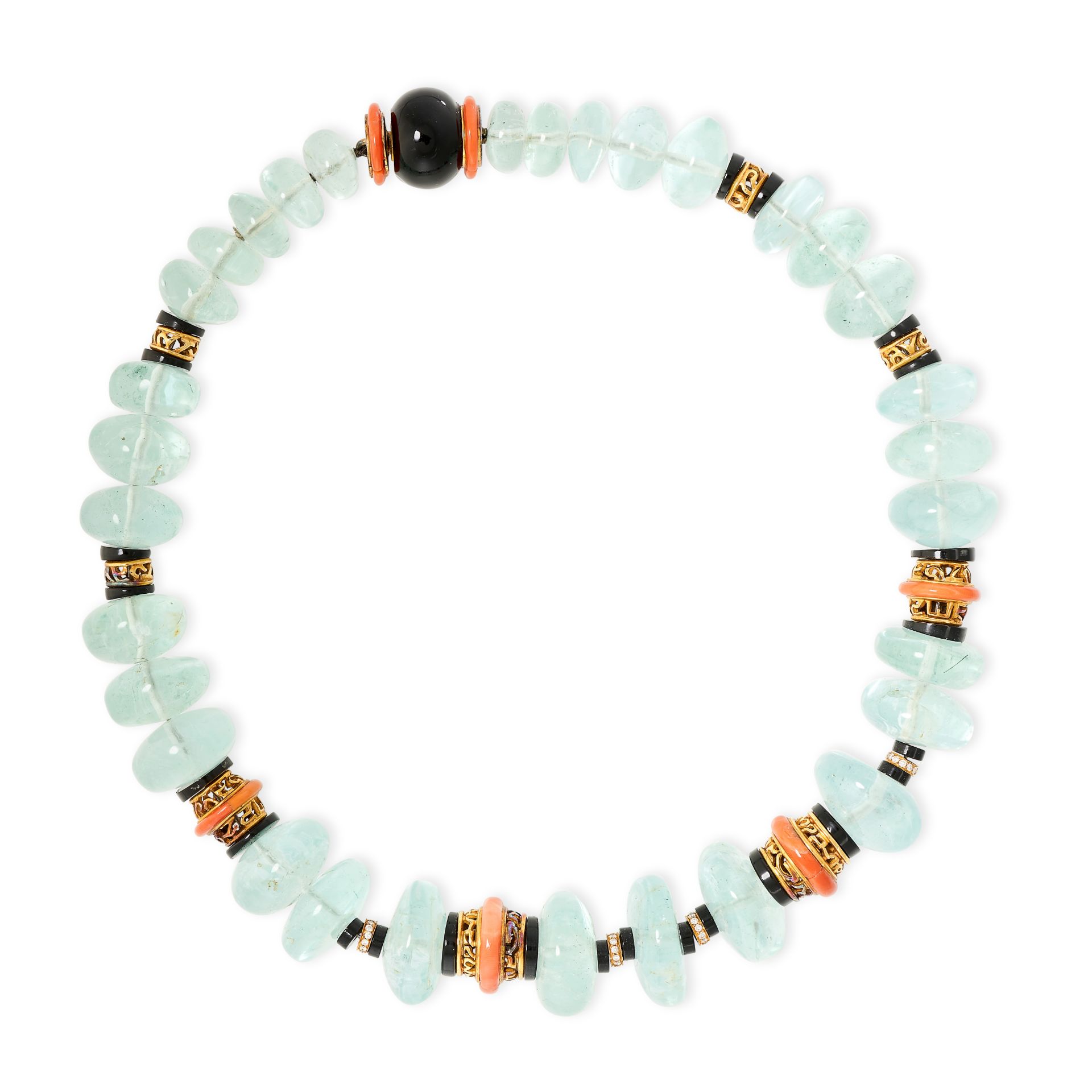 AN AQUAMARINE, CORAL, DIAMOND AND ONYX NECKLACE comprising a row of graduated polished aquamarine