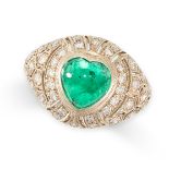 AN EMERALD AND DIAMOND RING in bombe design, set with a central heart shaped cabochon emerald within