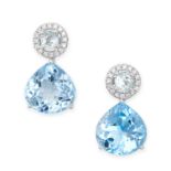 A PAIR OF AQUAMARINE, BLUE TOPAZ AND DIAMOND DROP EARRINGS each set with a round cut aquamarine in a