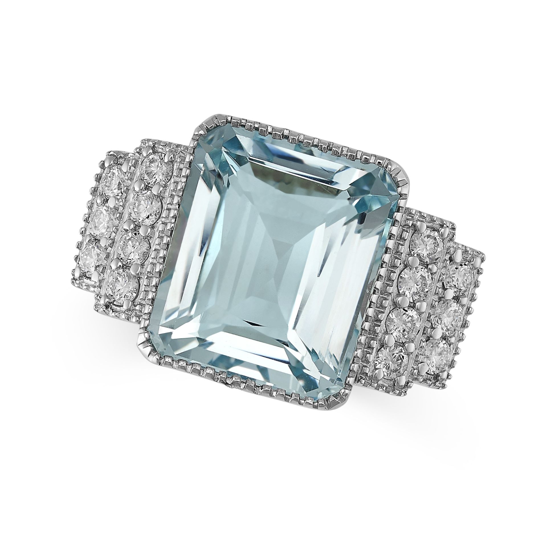 AN AQUAMARINE AND DIAMOND RING set with an octagonal cut aquamarine of 7.93 carats, the stepped