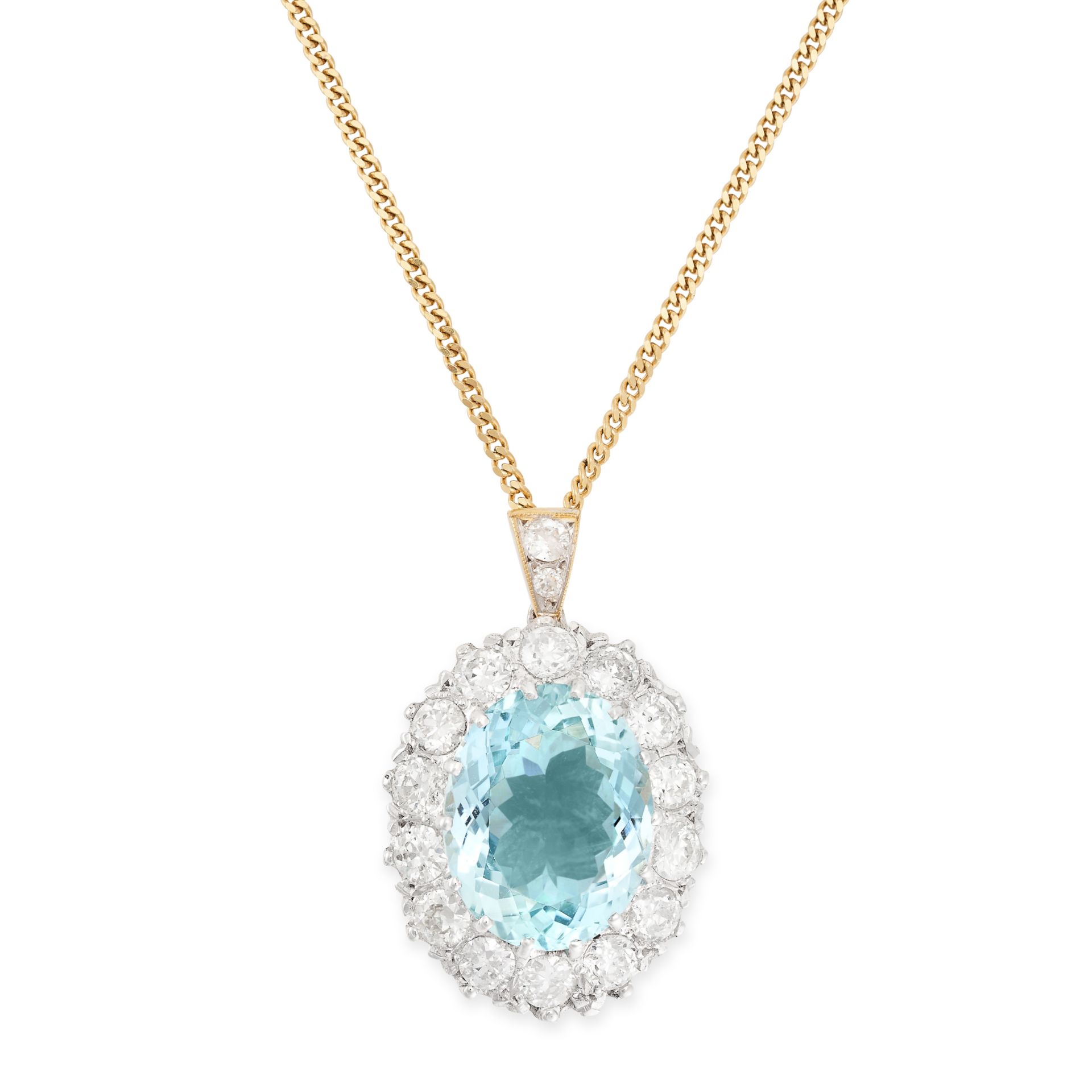 AN AQUAMARINE AND DIAMOND PENDANT NECKLACE set with an oval cut aquamarine of 6.61 carats in a