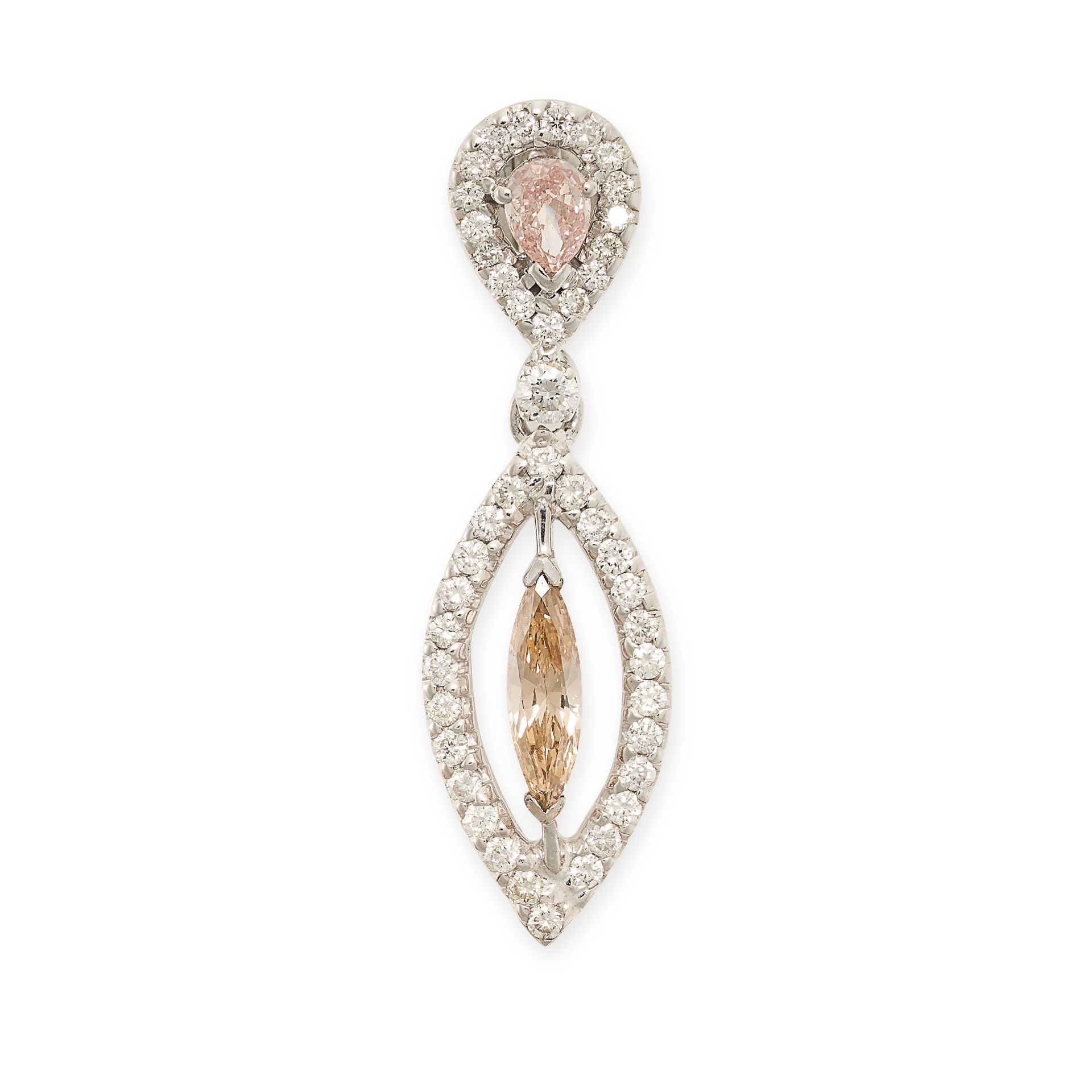 A DIAMOND PENDANT comprising a pear cut pink diamond in a border of round brilliant cut diamonds