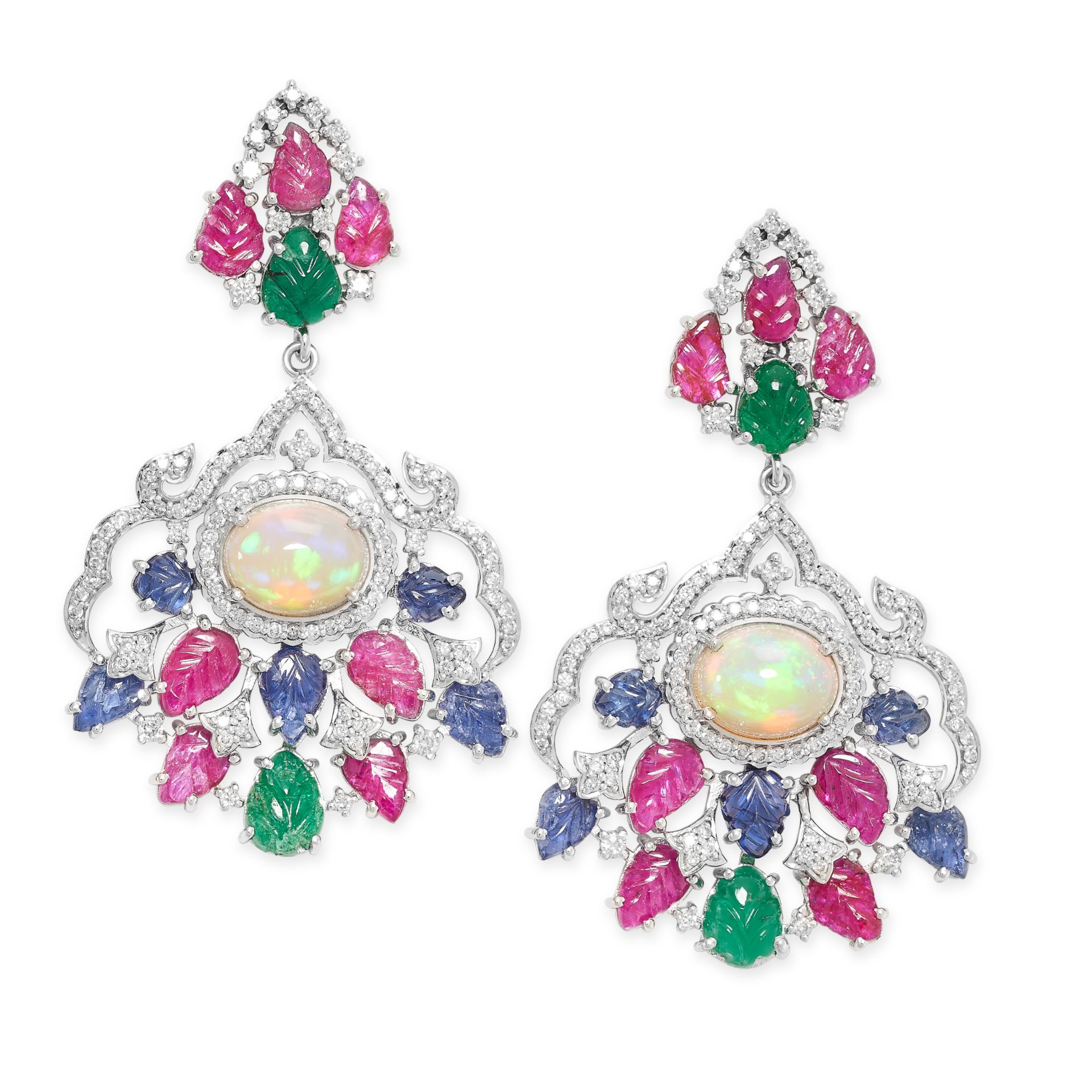A PAIR OF GEMSET AND DIAMOND EARRINGS the drop comprising a cabochon opal, carved emerald, carved