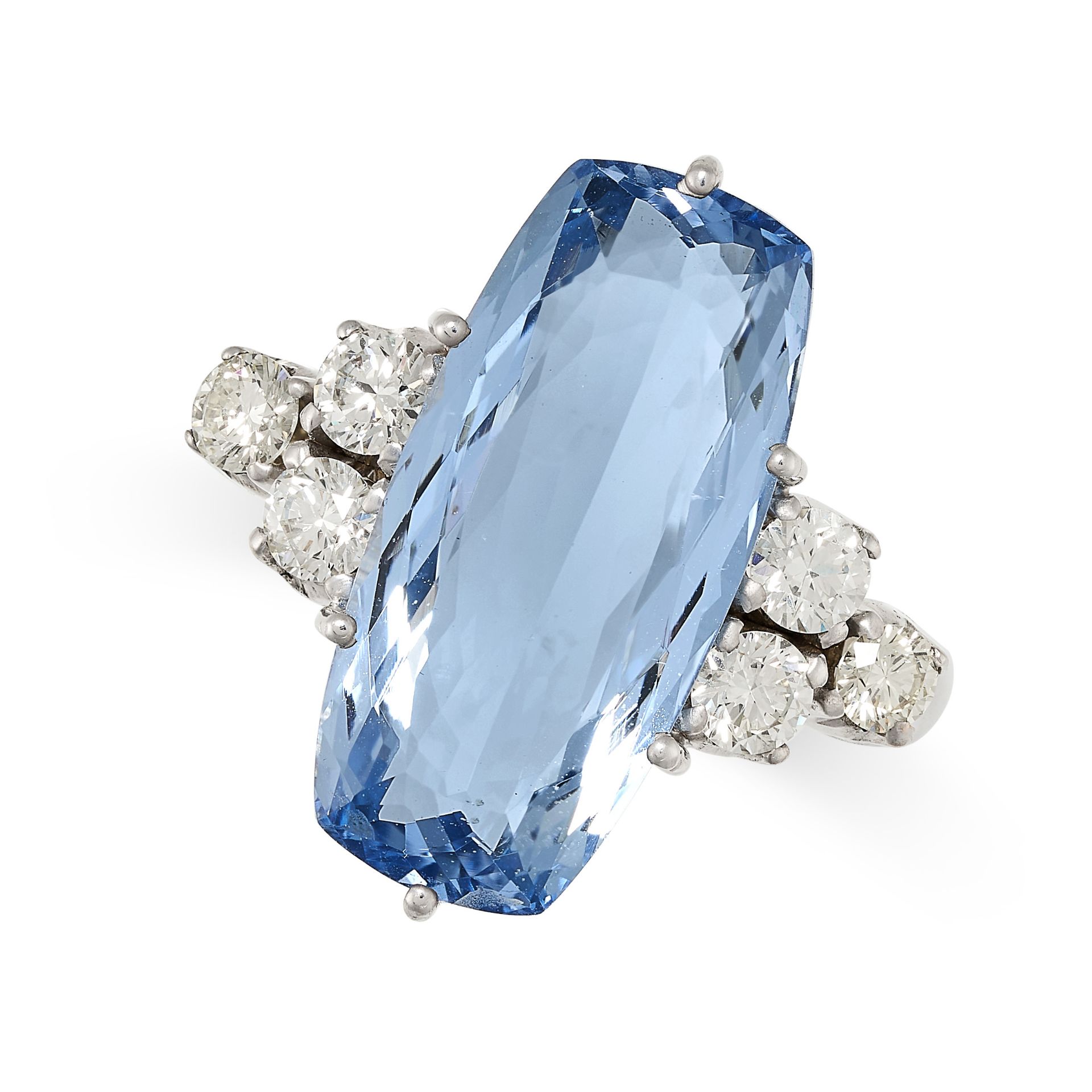 AN AQUAMARINE AND DIAMOND RING set with an elongated cushion cut aquamarine of 15.70 carats, the