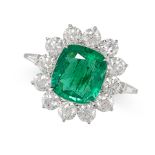 AN EMERALD AND DIAMOND CLUSTER RING set with a cushion cut emerald of 1.76 carats in a border of