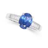 A SAPPHIRE AND DIAMOND RING set with an oval cut sapphire of 2.03 carats between rows of baguette