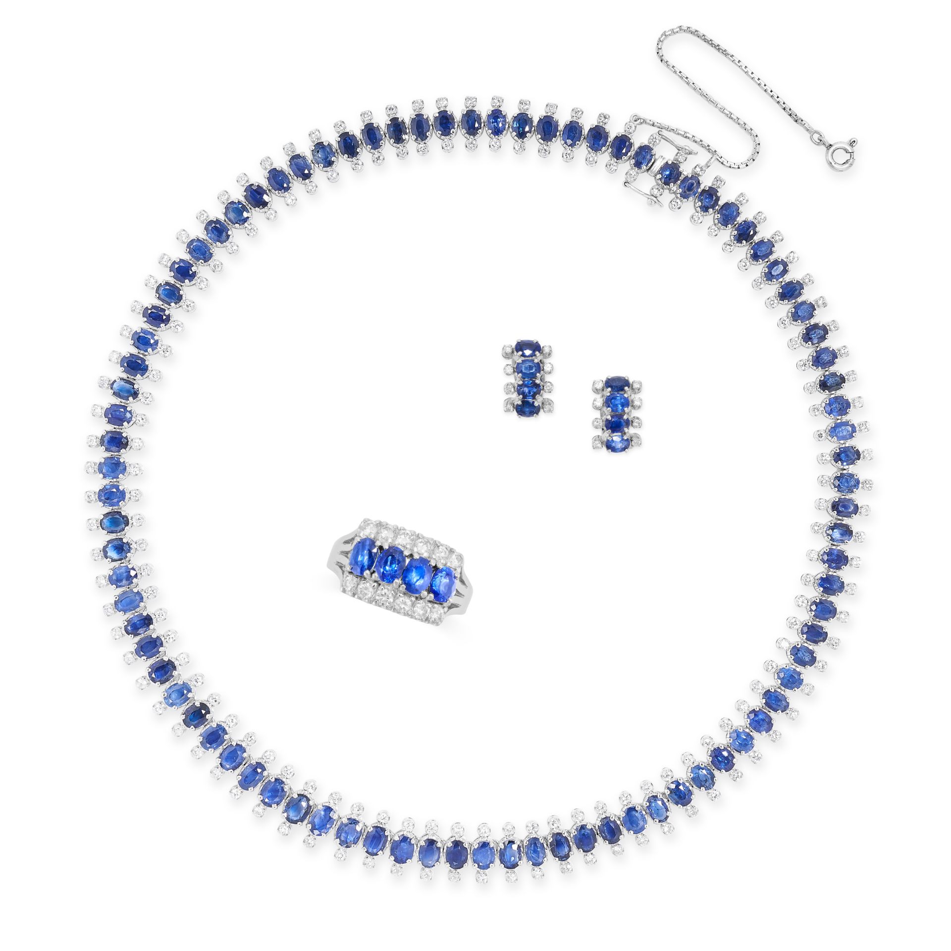 A SAPPHIRE AND DIAMOND SUITE comprising a necklace, a pair of earrings and a ring, the necklace