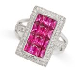 A RUBY AND DIAMOND DRESS RING set with sixteen invisibly set french cut rubies, within a rectangular