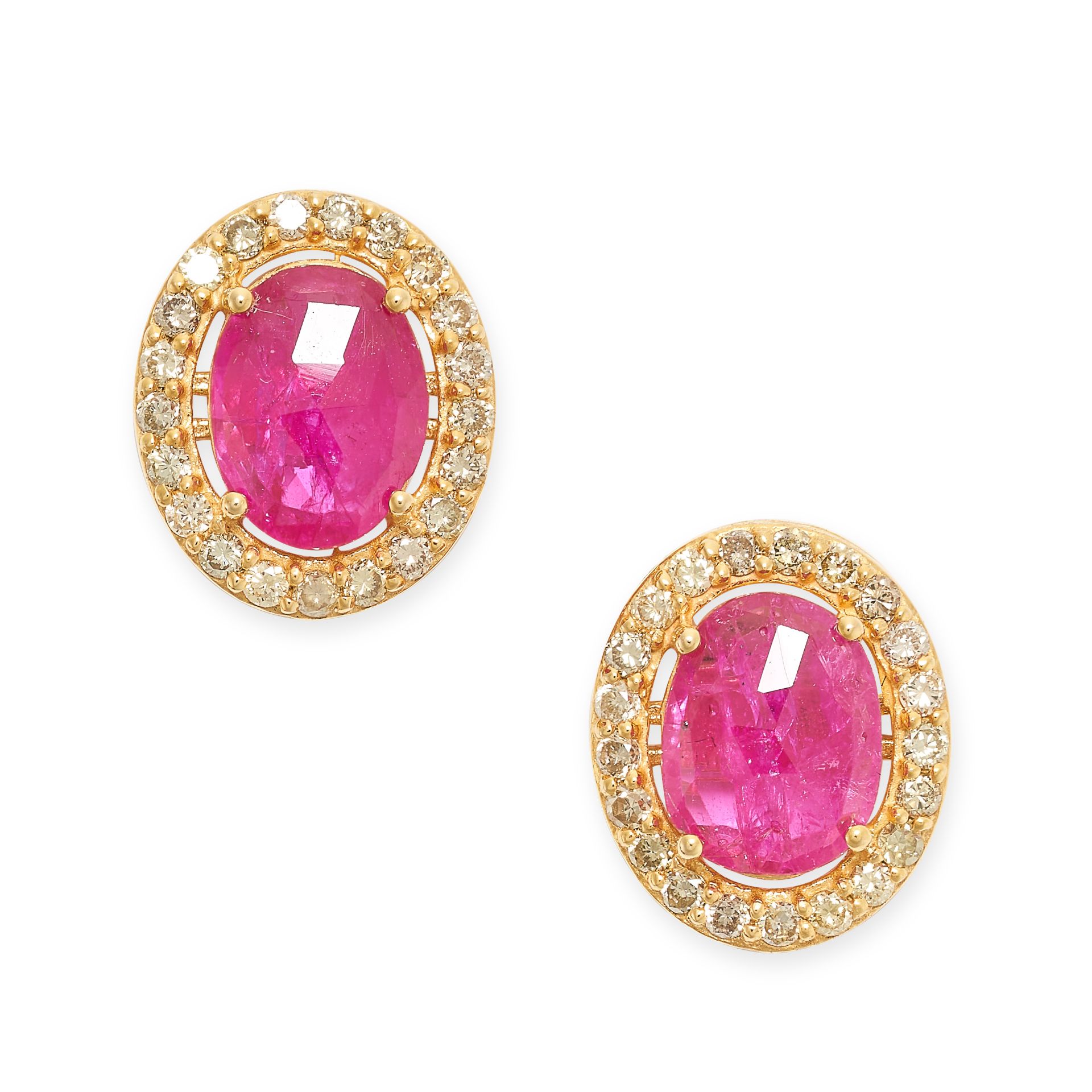 A PAIR OF RUBY AND YELLOW DIAMOND CLUSTER EARRINGS each set with an oval cut ruby in a border of