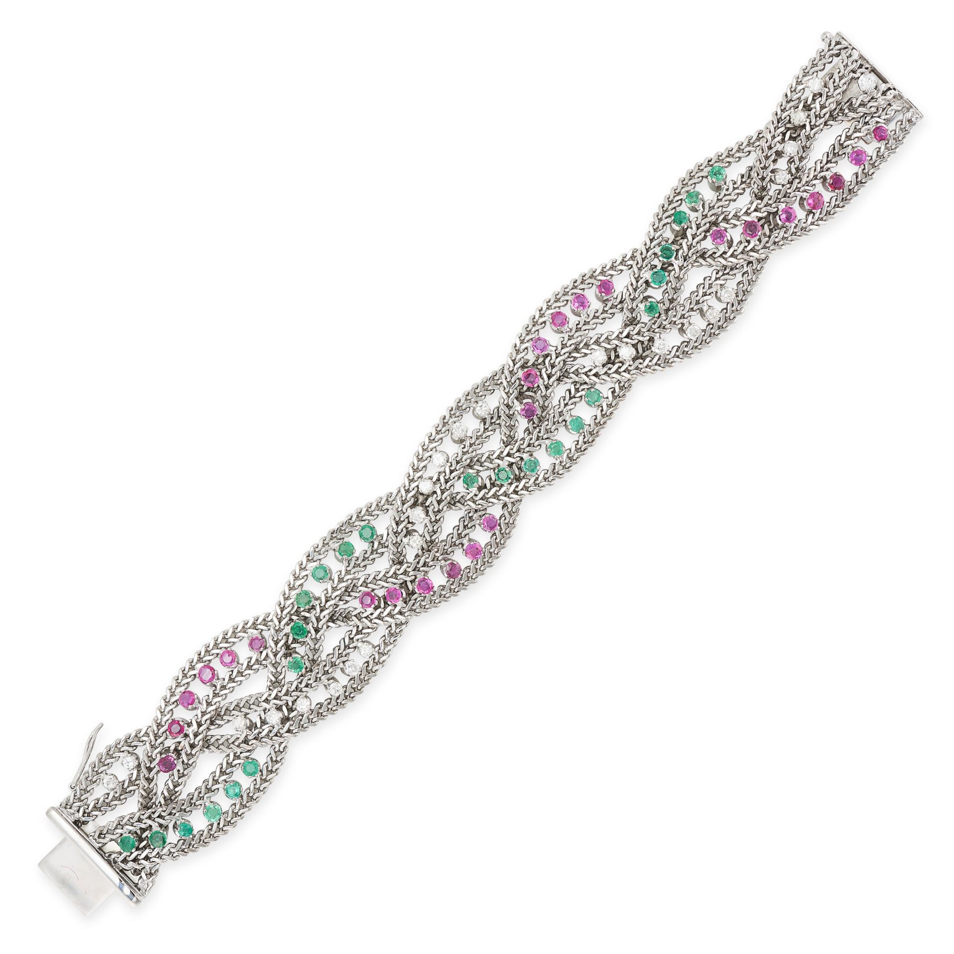 AN EMERALD, RUBY AND DIAMOND BRACELET comprising three braided rows, each set with round brilliant