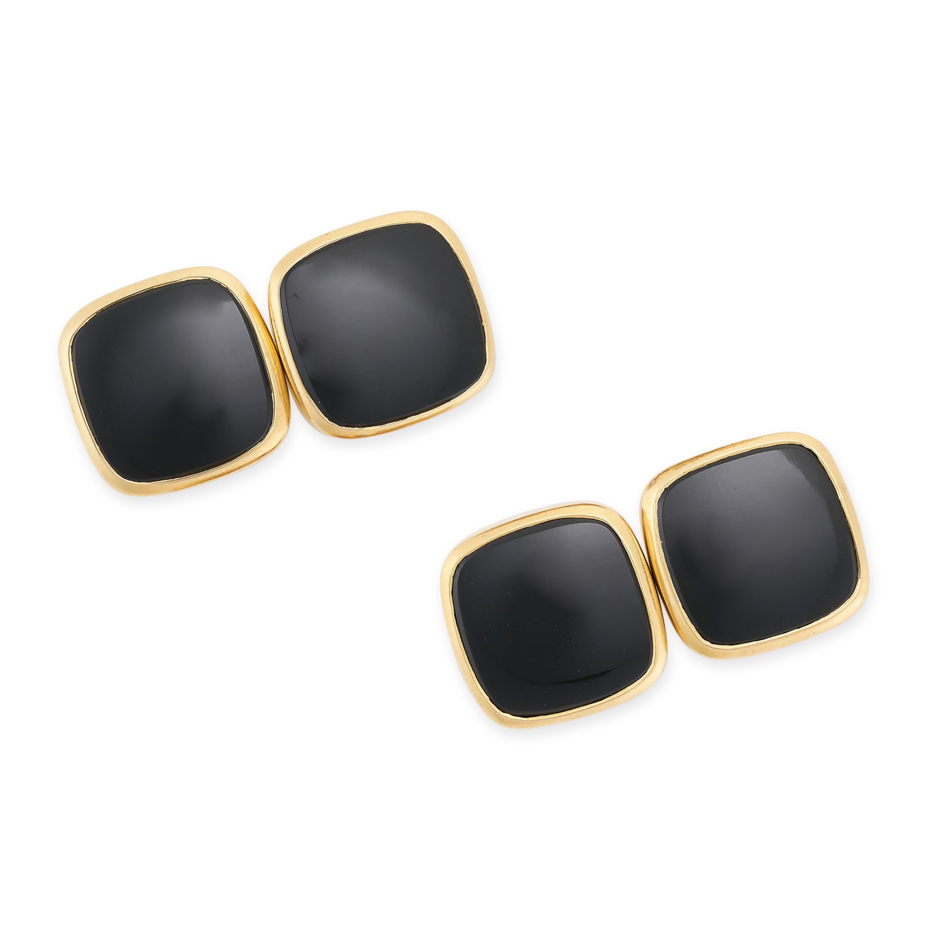 A PAIR OF VINTAGE ONYX CUFFLINKS in 18ct yellow gold, set with pieces of polished onyx within a gold