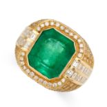 A COLOMBIAN EMERALD AND DIAMOND RING set with an emerald cut emerald of 7.17 carats in a border of