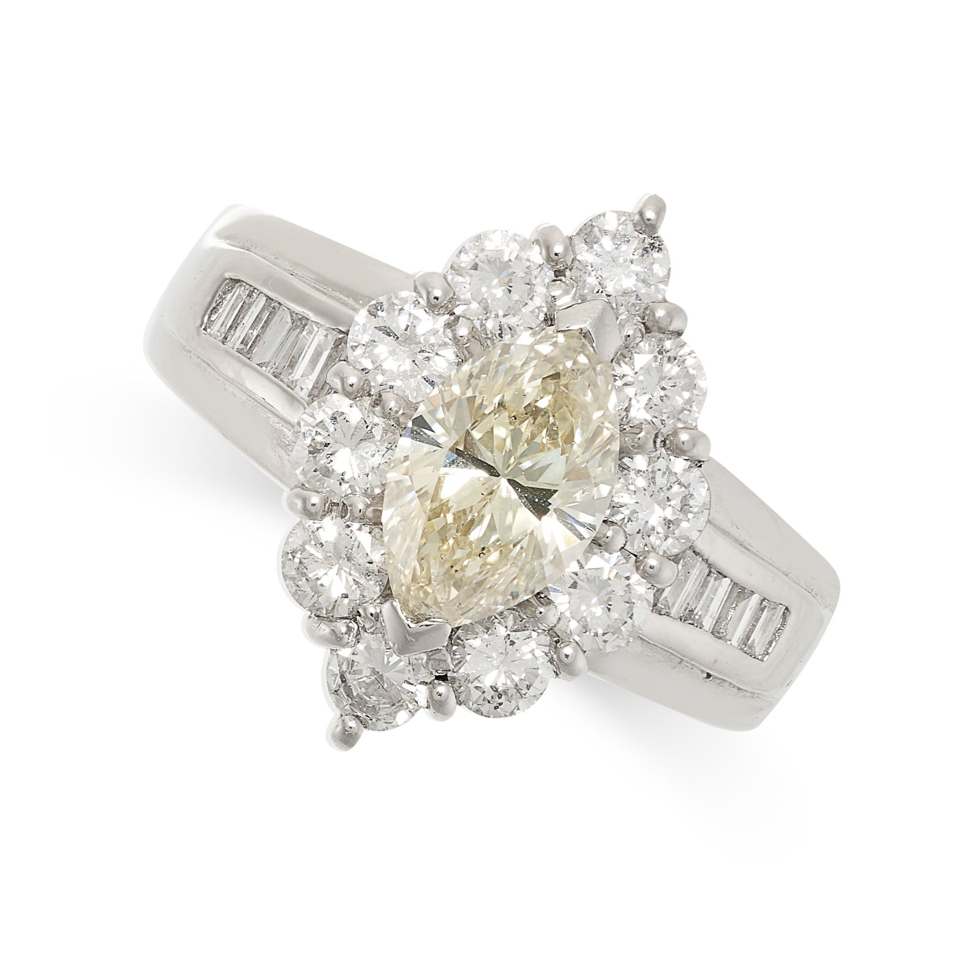 A YELLOW DIAMOND CLUSTER RING in platinum, set with a marquise cut yellow diamond of 1.01 carats, in