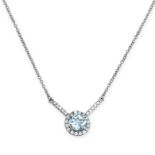 AN AQUAMARINE AND DIAMOND NECKLACE in 18ct white gold, set with a round cut aquamarine of 0.45