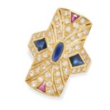 A SAPPHIRE, RUBY AND DIAMOND DRESS RING in 18ct gold, the rectangular face set centrally with a