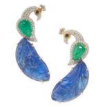 A PAIR OF TANZANITE, EMERALD AND DIAMOND PEACOCK EARRINGS each designed as a peacock, set with round