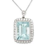 AN AQUAMARINE AND DIAMOND PENDANT NECKLACE set with an emerald cut aquamarine of 15.00 carats in a