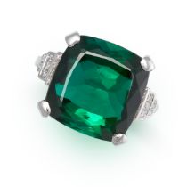 A GREEN TOURMALINE AND DIAMOND RING set with a cushion cut green tourmaline of 13.47 carats, the