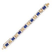 A VINTAGE LAPIS LAZULI BRACELET in 18ct yellow gold and white gold, set with seven pieces of lapis