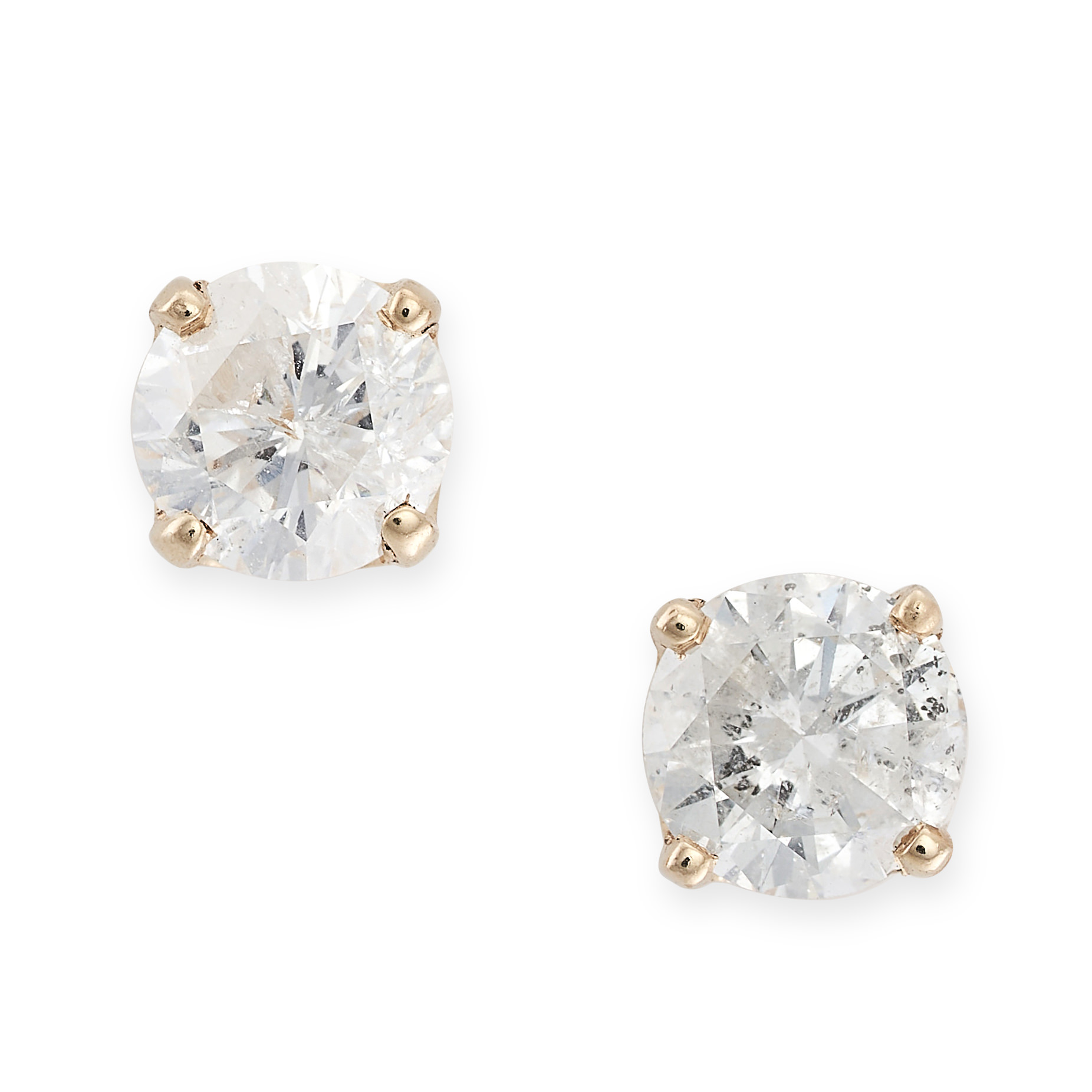 A PAIR OF DIAMOND STUD EARRINGS in 14ct yellow gold, each set with a round brilliant cut diamond,