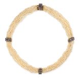 AN ANTIQUE PEARL, DIAMOND AND RUBY CHOKER NECKLACE in yellow gold and silver, comprising of seven