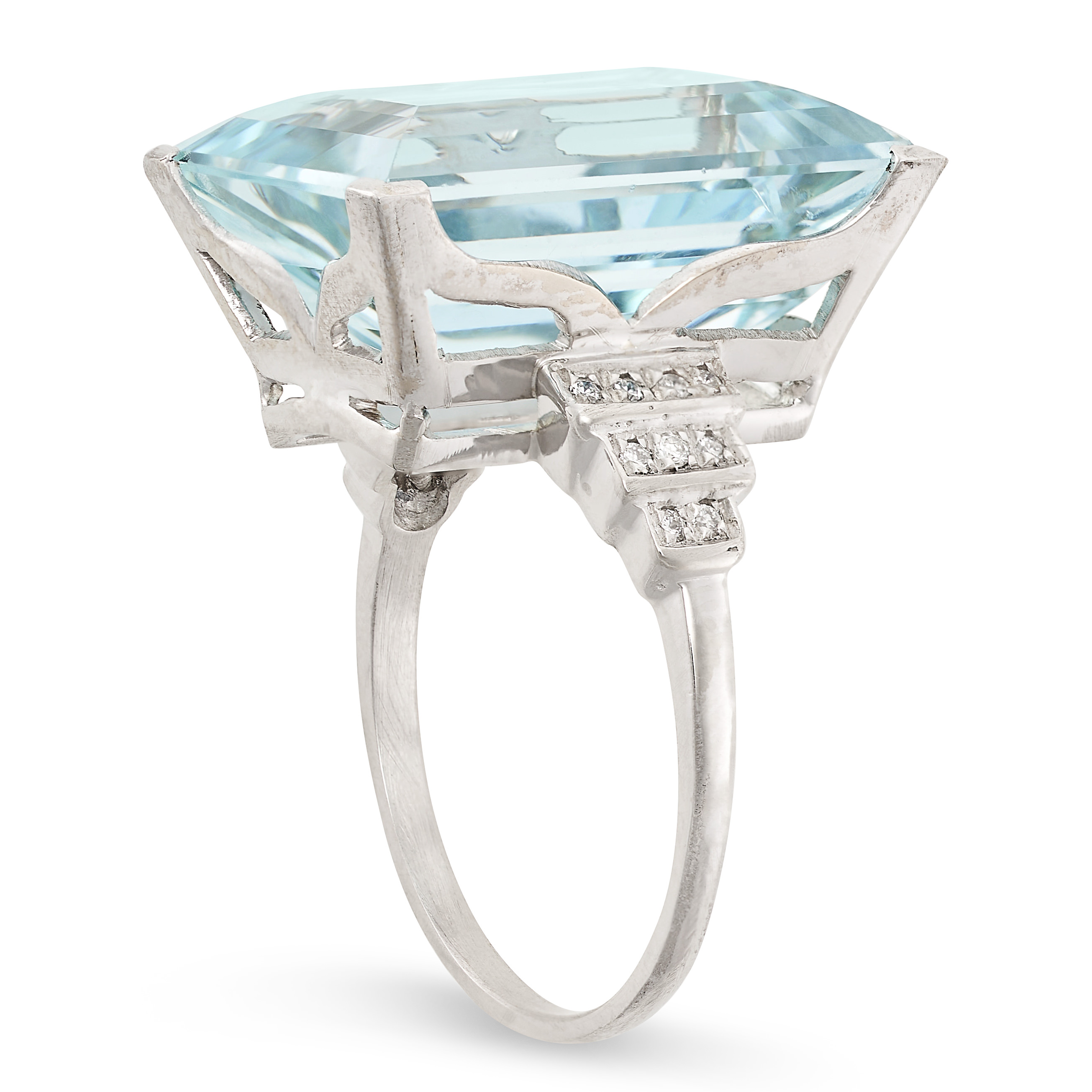 AN AQUAMARINE AND DIAMOND RING set with a step cut aquamarine of 15.34 carats, the stepped shoulders - Image 2 of 2