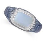 A SAPPHIRE, DIAMOND AND BLUE CHALCEDONY BANGLE the tapering hinged bangle set with a central