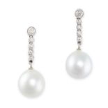 A PAIR OF DIAMOND AND PEARL DROP EARRINGS each comprising a pearl of 12.3 and 12.1mm suspended